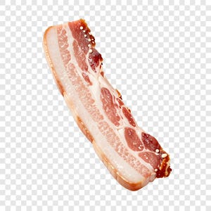 May include: A single slice of raw bacon, showcasing layers of pink meat, white fat, and a reddish-brown rind. The bacon has a marbled appearance with small white specks, likely salt, on the surface. The edges are slightly curled.