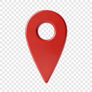 May include: A three-dimensional red map pin icon featuring a smooth, glossy surface with a rounded top and a pointed bottom. The center of the pin contains a circular cutout, creating a hollow space that defines the classic location marker shape.