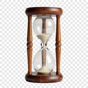 May include: A vintage hourglass with a wooden frame and clear glass bulbs. The hourglass is filled with fine, light-colored sand. The wooden frame is a dark brown color.