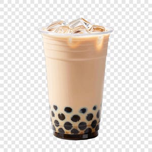 Puede incluir: Un vaso alto de plástico transparente lleno de una bebida cremosa de color marrón claro, cubitos de hielo y perlas de tapioca de color marrón oscuro. La bebida tiene una apariencia en capas, con las perlas en el fondo.