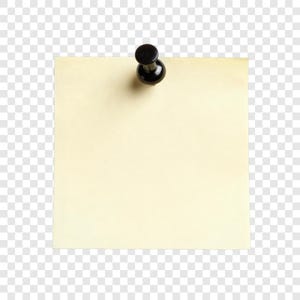 May include: A pale yellow square sticky note, secured by a black push pin. The note is blank, ready for messages or reminders. The push pin is positioned at the top centre of the note.