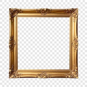 May include: A square picture frame with a metallic gold finish, featuring ornate, raised scrollwork and floral carvings at each corner and along the centre of each side, with a beaded inner border surrounding the empty central opening.