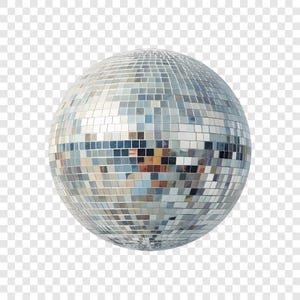 May include: A silver disco ball with a mosaic of small, square mirrored tiles. The spherical object reflects light, creating a shimmering effect. The tiles are arranged to cover the entire surface of the ball.