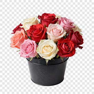 May include: A bouquet of roses in various colors including deep red, soft pink, cream, and coral, arranged in a simple black bucket. The flowers are in full bloom with layered petals, creating a dense, rounded floral display in a dark container.
