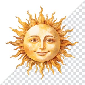 May include: A smiling sun illustration with a face and radiant rays. The sun has a light yellow face with brown eyes and a gentle smile. The rays are a darker yellow and orange, creating a warm, inviting image.