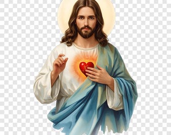 10 PNG Jesus Sacred Heart Clipart, Jesus Holds Heart Images, Transparent Background, Watercolor Clip Art, Instant Download, Commercial Use