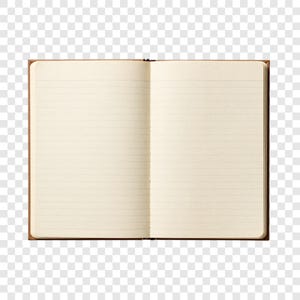 May include: An open, lined notebook with a brown cover. The pages are a light cream color, and the lines are a darker shade of the same color. The notebook is lying flat, with both pages visible. The binding is black.