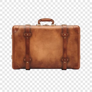 Può includere: Una valigia in pelle marrone in stile vintage con maniglia superiore e due cinturini in pelle. La valigia ha angoli rinforzati e una forma rettangolare classica, perfetta per i viaggi.