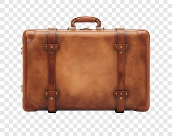 May include: A vintage-style brown leather suitcase with a top handle and two leather straps with brass buckles. The suitcase has reinforced corners and a classic, rectangular shape, perfect for travel.