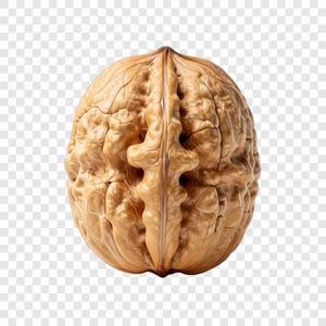 May include: A close-up shot of a whole walnut, showcasing its textured, light brown shell. The walnut is split into two halves, revealing the intricate patterns and ridges of its surface. The image is set against a transparent background.