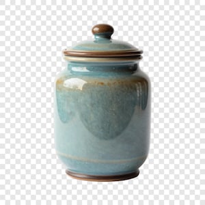 May include: A ceramic jar with a lid, featuring a teal and brown glaze. The jar has a rounded body and a lid with a small, round knob. The glaze transitions from teal to brown, creating a rustic, handcrafted appearance. Ideal for kitchen storage.
