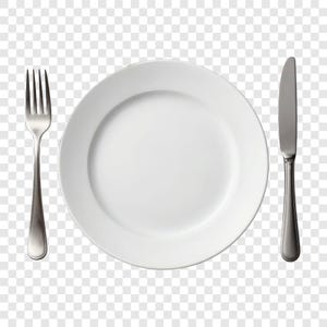 May include: A white ceramic dinner plate with a silver fork and knife set on a transparent background. The plate is round with a wide rim. The fork is on the left, and the knife is on the right.