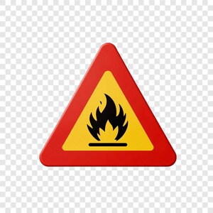 May include: A red and yellow triangular warning sign with a black flame symbol. The sign is a hazard warning, indicating a potential fire risk. The flame is stylized and sits above a horizontal black line.