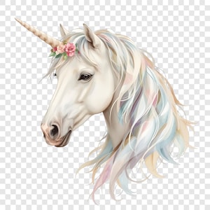 Peut inclure: Illustration à l'aquarelle d'une tête de licorne blanche. La licorne a une corne en spirale, une couronne de fleurs roses et une crinière flottante aux couleurs pastel. L'œil de la licorne est sombre, et le style général est doux et fantaisiste.