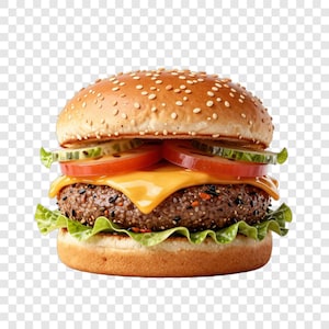May include: A delicious-looking hamburger with a sesame seed bun, a beef patty, melted cheese, tomato slices, cucumber slices, and lettuce. The burger is stacked high and ready to eat.