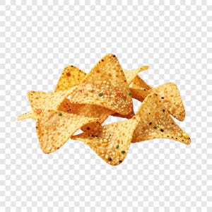 May include: A pile of golden-brown tortilla chips, each triangular with a textured surface and speckled with colorful seasonings. The chips are arranged in a slightly overlapping heap, suggesting a snack or appetizer.