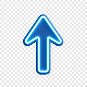 May include: A blue arrow pointing upwards with a white neon outline. The arrow has a 3D effect and a slightly textured surface, suggesting a digital or graphic design element. The arrow is isolated on a transparent background.