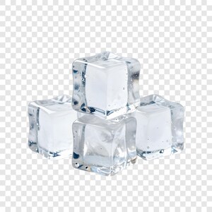 May include: Four clear ice cubes stacked together. The ice cubes are translucent, with visible air bubbles and imperfections. The cubes have a slightly irregular shape, with rounded edges and a frosted appearance.