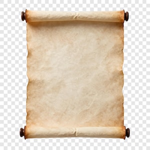 May include: A rolled parchment scroll with a weathered, aged appearance. The paper has a light brown hue with darker edges, suggesting age. The scroll is held together by two dark brown wooden dowels at each end.