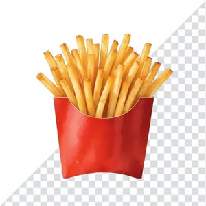 Könnte beinhalten: Eine rote Papiertüte gefüllt mit goldbraunen Pommes Frites. Die Pommes sehen knusprig und frisch zubereitet aus. Der Behälter ist leuchtend rot.