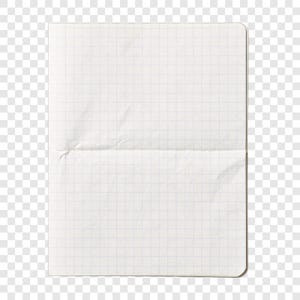 May include: A folded, off-white graph paper notebook with a grid pattern. The paper has a crease down the middle and rounded corners. The background is transparent.