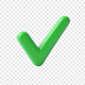 Può includere: Un segno di spunta verde lucido e tridimensionale, con bordi arrotondati. Il segno di spunta, simbolo di approvazione o conferma, è presentato su uno sfondo trasparente.