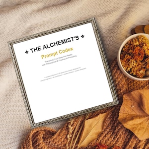 Könnte beinhalten: Ein gerahmtes weißes Papier mit dem Text "THE ALCHEMIST'S Prompt Codex" in Schwarz und Gold. Der Text darunter lautet "Transmute Your Ideas Into Reality with Philosophical & Practical AI Prompting". Der Rahmen ist silberfarben mit einem dekorativen Rand.