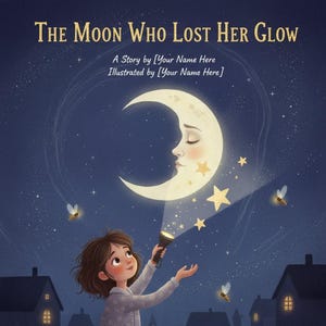 Może przedstawiać: Okładka książki dla dzieci zatytułowana "The Moon Who Lost Her Glow". Ilustracja przedstawia księżyc w kształcie półksiężyca z twarzą, dziewczynkę z latarką, gwiazdy i świetliki na tle ciemnoniebieskiego nieba. Tekst zawiera tytuł opowieści i informacje o autorze.
