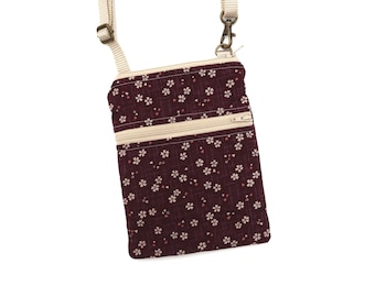 Small Phone Crossbody Bag, Purse, Sakura on Plum, Zipper Cellphone Bag, Travel, Errands, Daily Bag