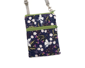Small Phone Crossbody Bag, Purse, Silver Fairy on Purple, Zipper Cellphone Bag, Travel, Errands, Everyday Bag