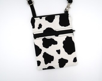 Small Phone Crossbody Bag, Cow Print, Flowers on Green, Zipper Cellphone Bag, Travel, Errands, Daily Bag