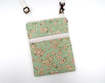 Small Phone Crossbody Bag, Purse, Japanese Sakura on Mint Green, Zipper Cellphone Bag, Travel Bag