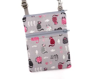 Small Phone Crossbody Bag, Purse, Pink Cats on Grey, Zipper Cellphone Bag, Travel Bag, Errands, Daily Bag