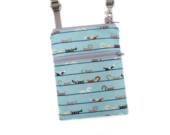 Small Phone Crossbody Bag, Purse, Peaking Cats on Blue, Zipper Cellphone Bag, Travel, Errands, Daily Bag