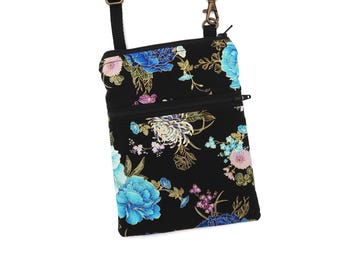 Small Phone Crossbody Bag, Purse, Blue and Purple Flowers, Zipper Cellphone Bag, Travel, Errands, Concert, Daily