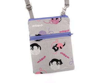Small Phone Crossbody Bag, Purse, Cats and Yarn, Zipper Cellphone Bag, Travel, Errands,