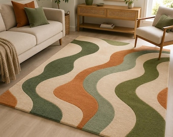 Alfombra moderna ondulada, alfombra abstracta verde con mechones, alfombra para sala de estar de mediados de siglo.