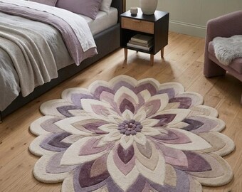 Alfombra grande con forma de flor, alfombra floral, alfombra rosa pastel y morada.