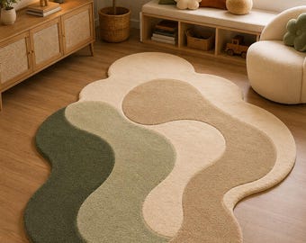 Alfombra abstracta con forma de flor, alfombra de pelo corto en verde salvia y beige, alfombra moderna orgánica.