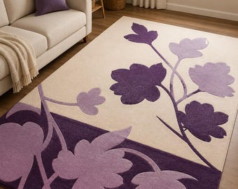 Alfombra floral morada, alfombra moderna con mechones de flores, alfombra botánica abstracta