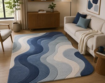 Alfombra moderna de olas azules, alfombra abstracta azul marino, alfombras contemporáneas con mechones para sala de estar.