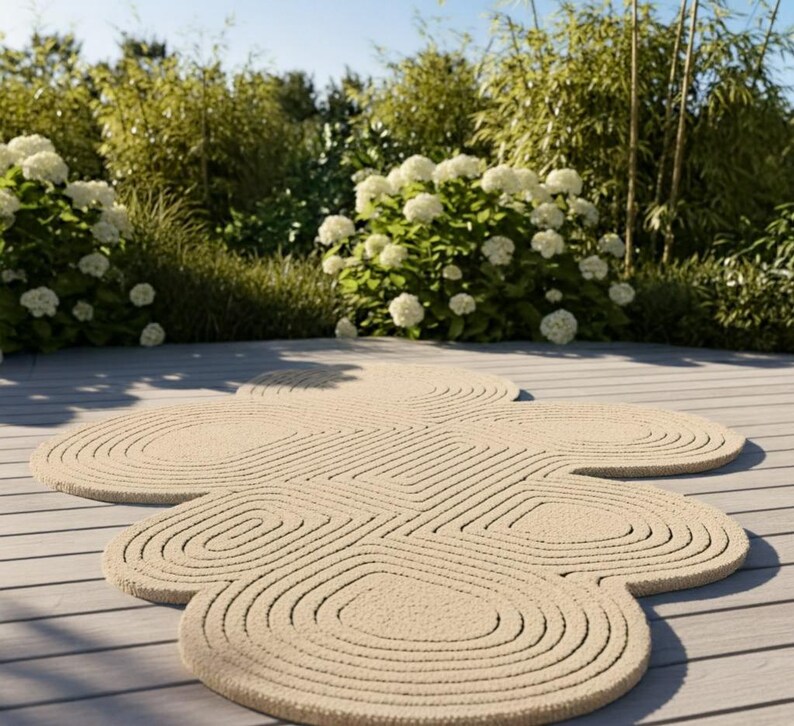 Puede incluir: Una alfombra beige de forma org&aacute;nica e irregular con una superficie texturizada de patrones conc&eacute;ntricos circulares y ovalados en relieve, que crean un efecto topogr&aacute;fico y superpuesto en toda la pieza de decoraci&oacute;n.