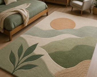 Alfombra moderna con paisaje botánico, alfombra verde salvia, alfombra con mechones inspirada en la naturaleza.