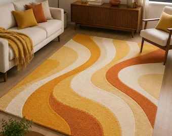Alfombra con diseño abstracto de ondas, alfombra moderna con mechones en tonos amarillo y naranja, alfombra para sala de estar de mediados de siglo.