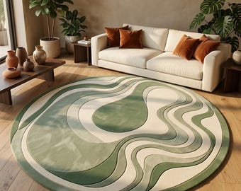 Alfombra redonda de lana tejida a mano, alfombra abstracta verde salvia crema, alfombra moderna ondulada.