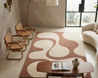 Alfombra moderna abstracta, alfombra geométrica neutra con mechones, alfombra contemporánea beige y marrón.