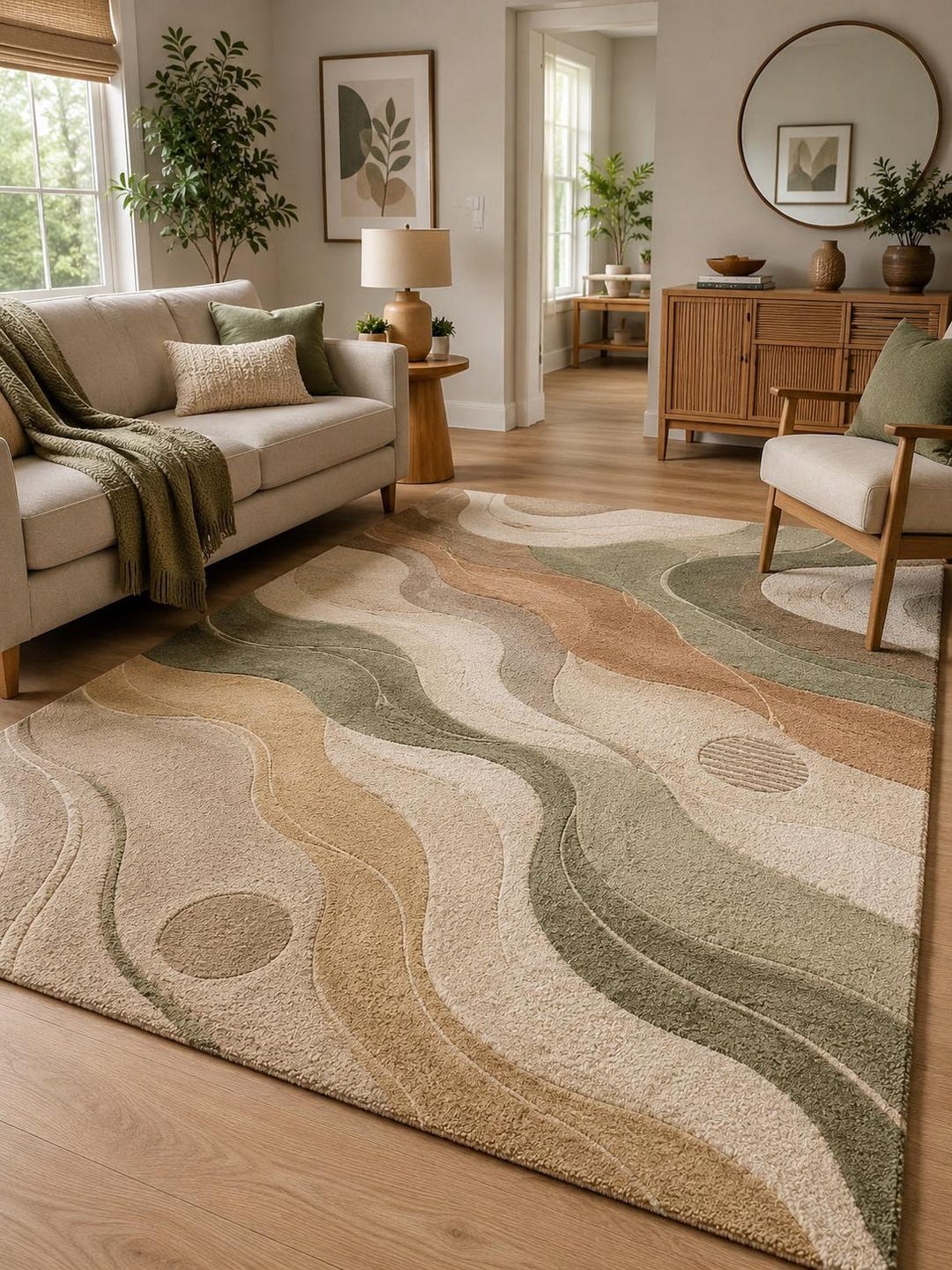Earth Tone Abstract Wave Rug, Soft Tufted Modern Floor Decor, Living ...