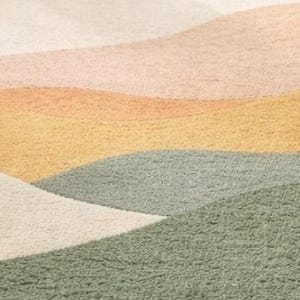 May include: A textured rug featuring a series of overlapping, curved, and wavy bands in shades of cream, soft peach, muted yellow, and sage green. The surface has a distinct, dense, and looped pile construction that creates a tactile, uneven appearance.