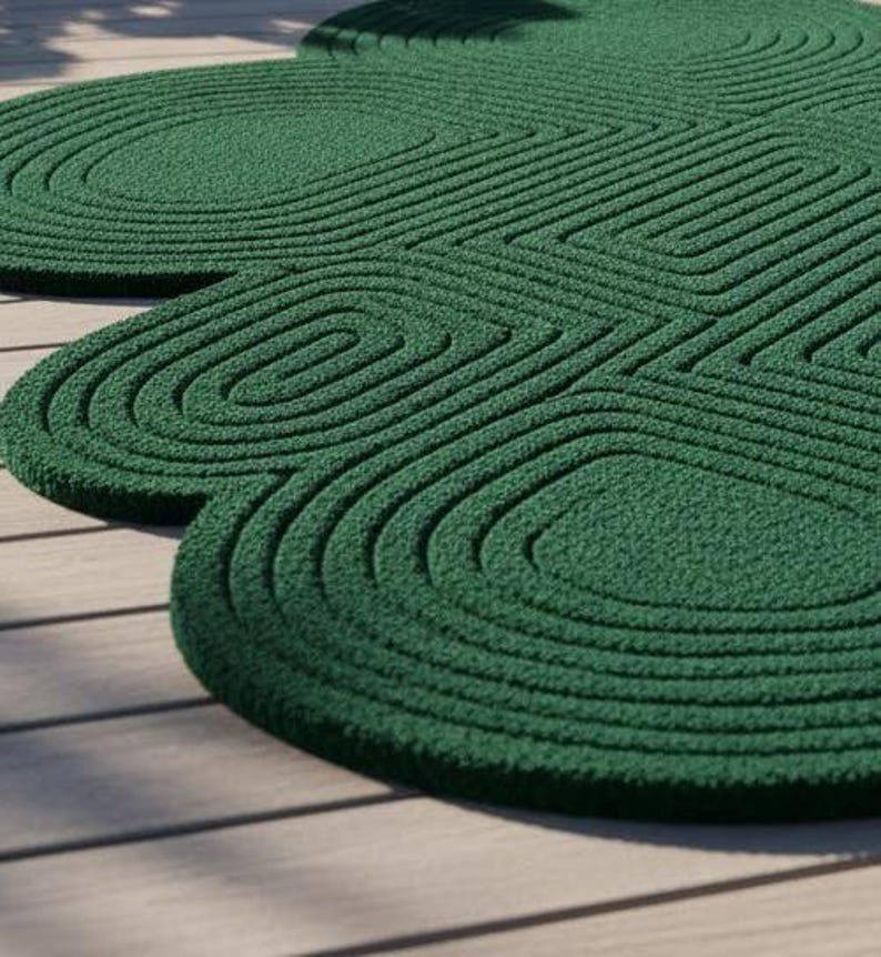 Puede incluir: Una alfombra de color verde oscuro con una superficie texturizada que presenta una serie de formas geom&eacute;tricas redondeadas y conc&eacute;ntricas. La alfombra tiene un contorno irregular distintivo que sigue el patr&oacute;n de las l&iacute;neas en relieve.