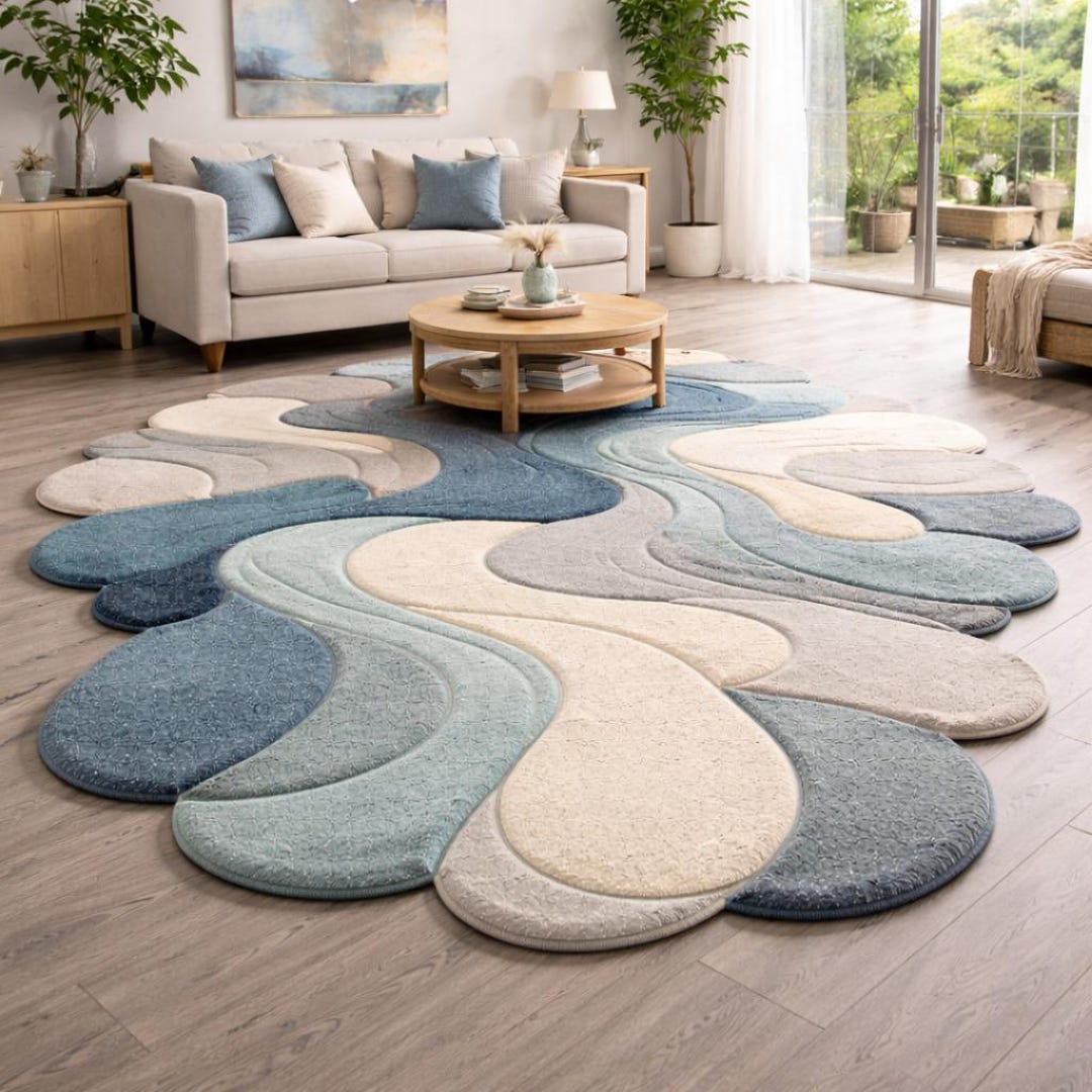 Hand Tufted Abstract Wave Rug – Blue & Ivory Modern Wool Area Rug ...